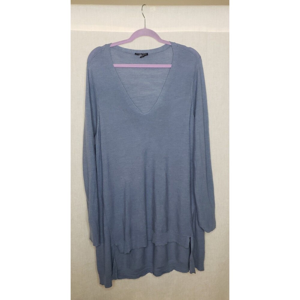Eileen Fisher Knit Tunic Top L Blue V neck Hi Lo‎ 100% Merino Wool Lagenlook